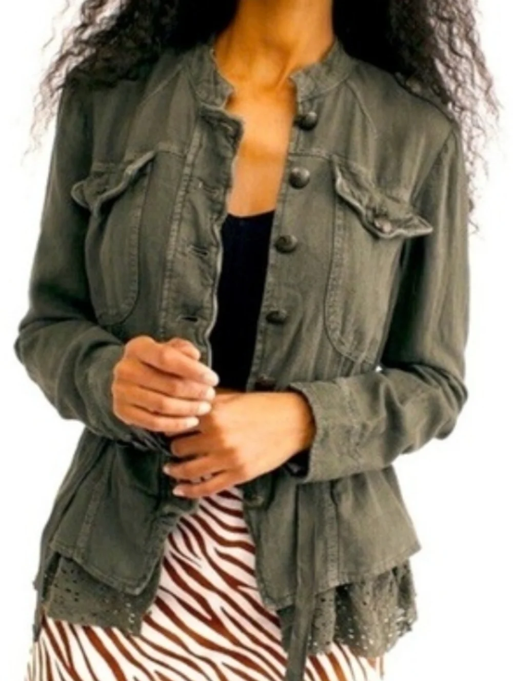 Free People• Emilia Military Utility Jacket with Lace Hem In Bitter Olive.Sz XS - Picture 2 of 16